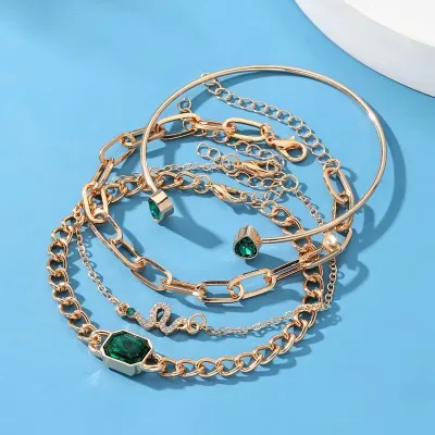 Green Geometry Crystal Snake Bracelet Set (4 pcs)